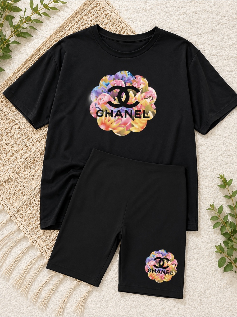 PLUS SIZE Black Floral Logo Tee & Bike Shorts Set